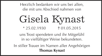 Traueranzeige von Gisela Kynast von Super Sonntag Wittenberg