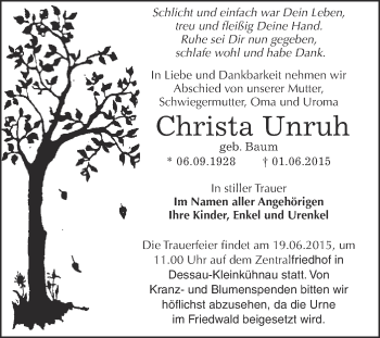 Traueranzeige von Christa Unruh von WVG - Wochenspiegel Dessau / Köthen