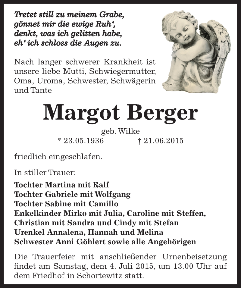  Traueranzeige für Margot Berger vom 26.06.2015 aus Mitteldeutsche Zeitung Köthen