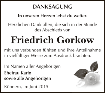 Traueranzeige von Friedrich Gorkow von Super Sonntag Bernburg