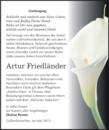 Traueranzeige von Artur Friedländer von Mitteldeutsche Zeitung Wittenberg