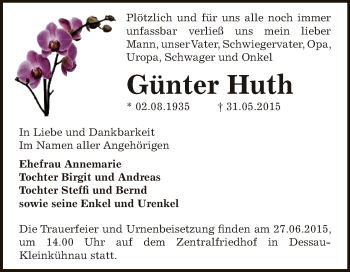 Traueranzeige von Günter Huth von WVG - Wochenspiegel Dessau / Köthen