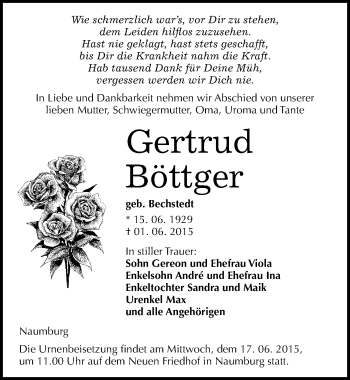 Traueranzeige von Gertrud Böttger von Mitteldeutsche Zeitung Naumburg/Nebra