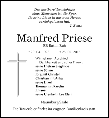 Traueranzeige von Manfred Priese von Mitteldeutsche Zeitung Naumburg/Nebra