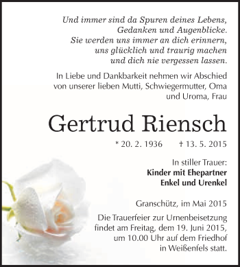 Traueranzeige von Gertrud Riensch von WVG - Wochenspiegel NMB / WSF / ZTZ