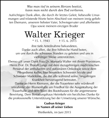 Traueranzeige von Walter Krieger von Mitteldeutsche Zeitung Weißenfels