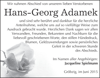 Traueranzeige von Hans-Georg Adamek von WVG - Wochenspiegel Dessau / Köthen