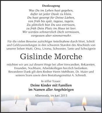 Traueranzeige von Gislinde Morche von WVG - Wochenspiegel NMB / WSF / ZTZ