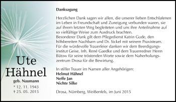 Traueranzeige von Ute Hähnel von WVG - Wochenspiegel Dessau / Köthen