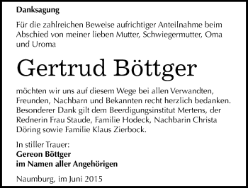 Traueranzeige von Gertrud Böttger von Mitteldeutsche Zeitung Naumburg/Nebra