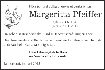 Traueranzeige von Margeritta Pfeiffer von WVG - Wochenspiegel Bitterfeld