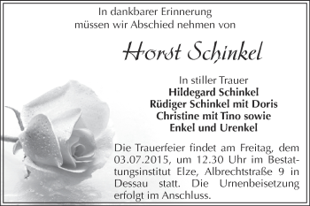 Traueranzeige von Horst Schinkel von WVG - Wochenspiegel Dessau / Köthen