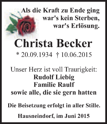 Traueranzeige von Christa Becker von WVG - Wochenspiegel Quedlinburg