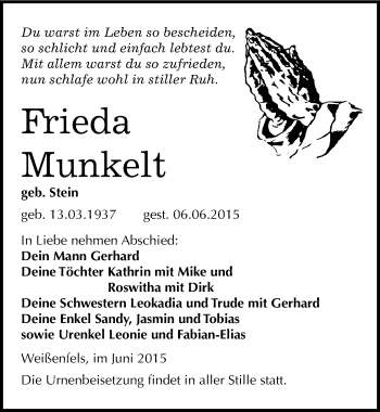 Traueranzeige von Frieda Munkelt von Mitteldeutsche Zeitung Weißenfels
