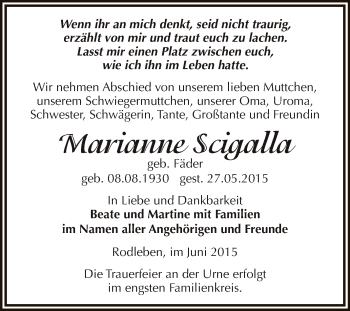 Traueranzeige von Marianne Scigalla von WVG - Wochenspiegel Dessau / Köthen