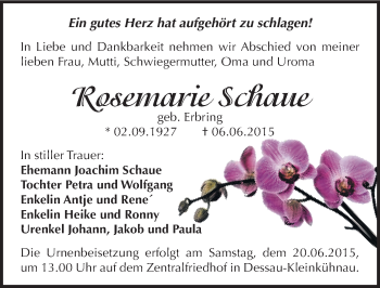 Traueranzeige von Rosemarie Schaue von Mitteldeutsche Zeitung Dessau-Roßlau