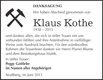 Traueranzeige von Klaus Kothe von WVG - Wochenspiegel Quedlinburg