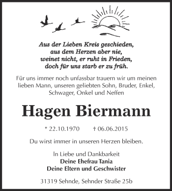 Traueranzeige von Hagen Biermann von Super Sonntag Aschersleben