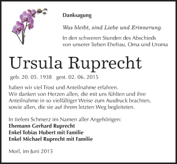 Traueranzeige von Ursula Ruprecht von Mitteldeutsche Zeitung Halle/Saalkreis