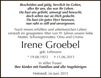 Traueranzeige von Irene Goebel von Super Sonntag SGH Mansf. Land