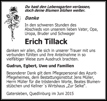 Traueranzeige von Erich Tillack von Super Sonntag Aschersleben