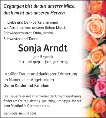 Traueranzeige von Sonja Arndt von WVG - Wochenspiegel Quedlinburg