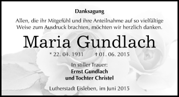 Traueranzeige von Maria Gundlach von Mitteldeutsche Zeitung Mansfelder Land
