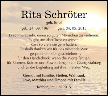 Traueranzeige von Rita Schröter von WVG - Wochenspiegel Dessau / Köthen