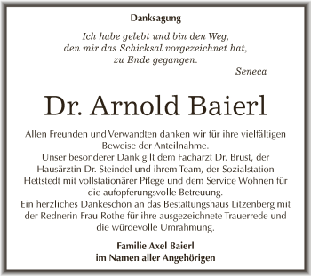 Traueranzeige von Arnold Baierl von Wochenspiegel Mansfelder Land