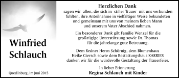 Traueranzeige von Winfried Schlauch von WVG - Wochenspiegel Quedlinburg
