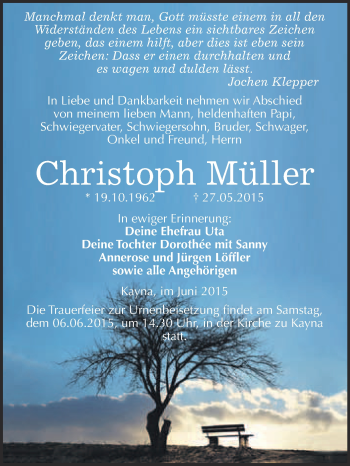 Traueranzeige von Christoph Müller von WVG - Wochenspiegel NMB / WSF / ZTZ