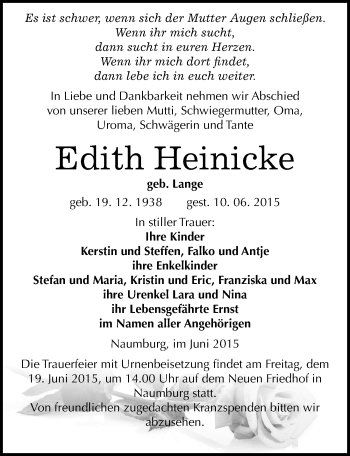 Traueranzeige von Edith Heinicke von Mitteldeutsche Zeitung Naumburg/Nebra