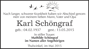 Traueranzeige von Karl Schöngraf von WVG - Wochenspiegel NMB / WSF / ZTZ