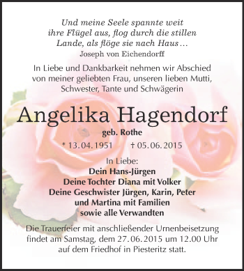 Traueranzeige von Angelika Hagendorf von Super Sonntag Wittenberg