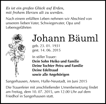 Traueranzeige von Johann Bäuml von Mitteldeutsche Zeitung Sangerhausen