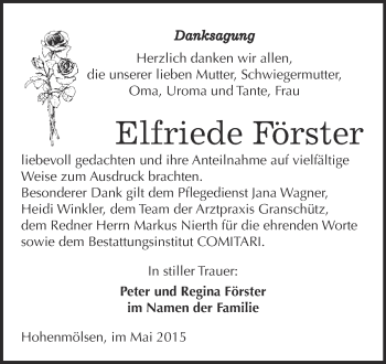 Traueranzeige von Elfriede Förster von WVG - Wochenspiegel NMB / WSF / ZTZ