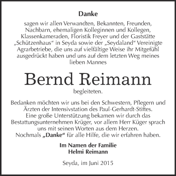 Traueranzeige von Bernd Reimann von WVG - Wochenspiegel Wittenberg