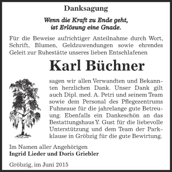 Traueranzeige von Karl Büchner von WVG - Wochenspiegel Dessau / Köthen