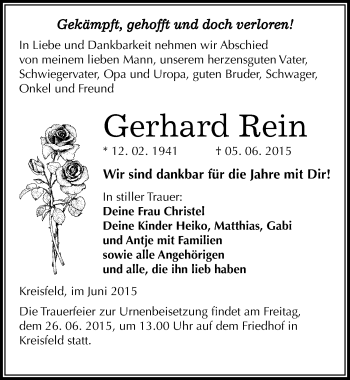 Traueranzeige von Gerhard Rein von Mitteldeutsche Zeitung Mansfelder Land