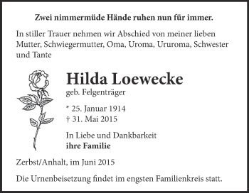 Traueranzeige von Hilda Loewecke von WVG - Wochenspiegel Dessau / Köthen