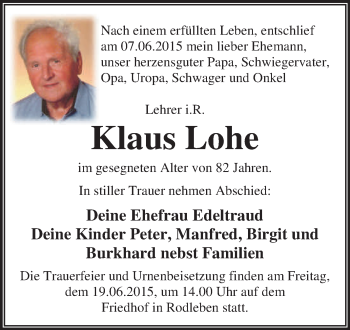 Traueranzeige von Klaus Lohe von WVG - Wochenspiegel Dessau / Köthen