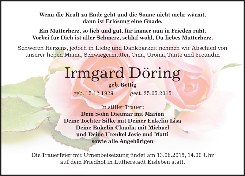  Traueranzeige für Irmgard Döring vom 04.06.2015 aus Mitteldeutsche Zeitung Bitterfeld