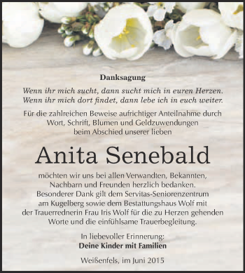 Traueranzeige von Anita Senebald von WVG - Wochenspiegel NMB / WSF / ZTZ