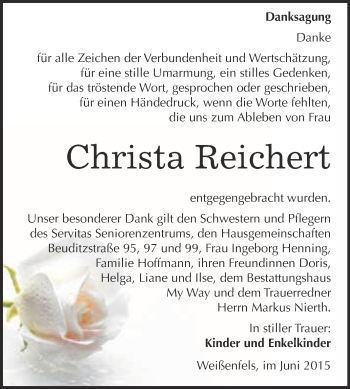 Traueranzeige von Christa Reichert von Super Sonntag Merseburg