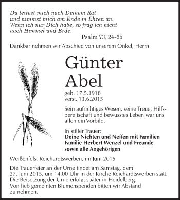Traueranzeige von Günter Abel von WVG - Wochenspiegel NMB / WSF / ZTZ