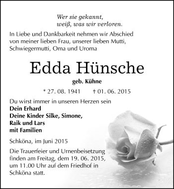 Traueranzeige von Edda Hünsche von Mitteldeutsche Zeitung Wittenberg