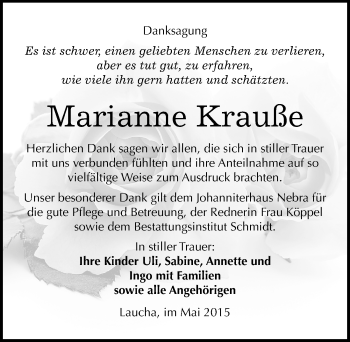 Traueranzeige von Marianne Krauße von Mitteldeutsche Zeitung Naumburg/Nebra