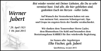 Traueranzeige von Werner Jubert von Mitteldeutsche Zeitung Quedlinburg