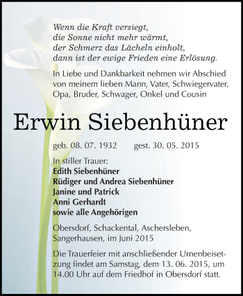 Traueranzeige von Erwin Siebenhüner von Super Sonntag SGH Mansf. Land