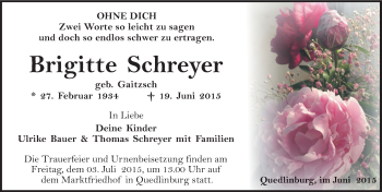 Traueranzeige von Brigitte Schreyer von Mitteldeutsche Zeitung Quedlinburg